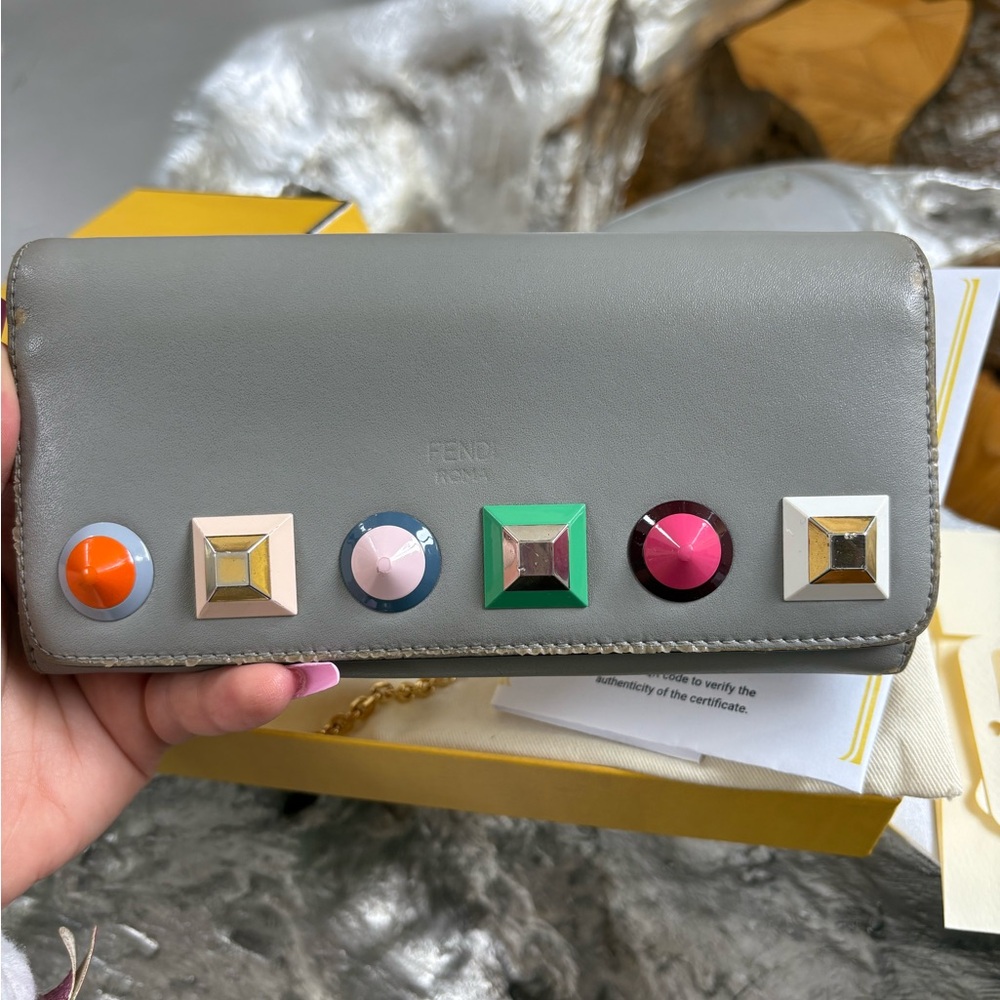 Fendi Gray and Orange Wallet with Decorative Studs